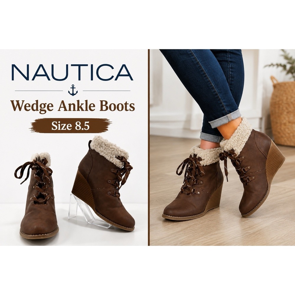 Nautica Galva 3.5" Wedge Ankle Boots 8.5 Womens Brown Sherpa Lace Up Cottagecore